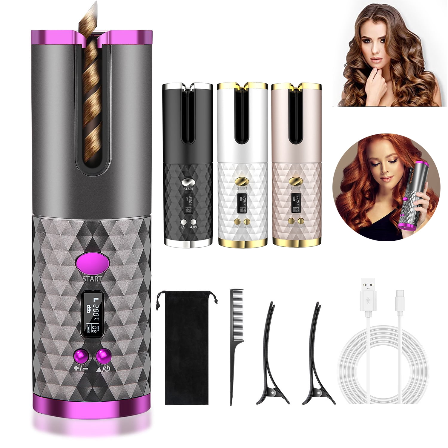 Fer à Boucler Automatique Sans Fil Rechargeable – Céramique, 6 Températures
