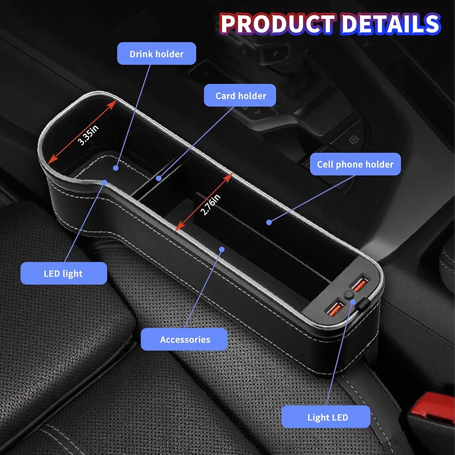 Organisateur de Console de Voiture avec Lumière LED et Ports USB